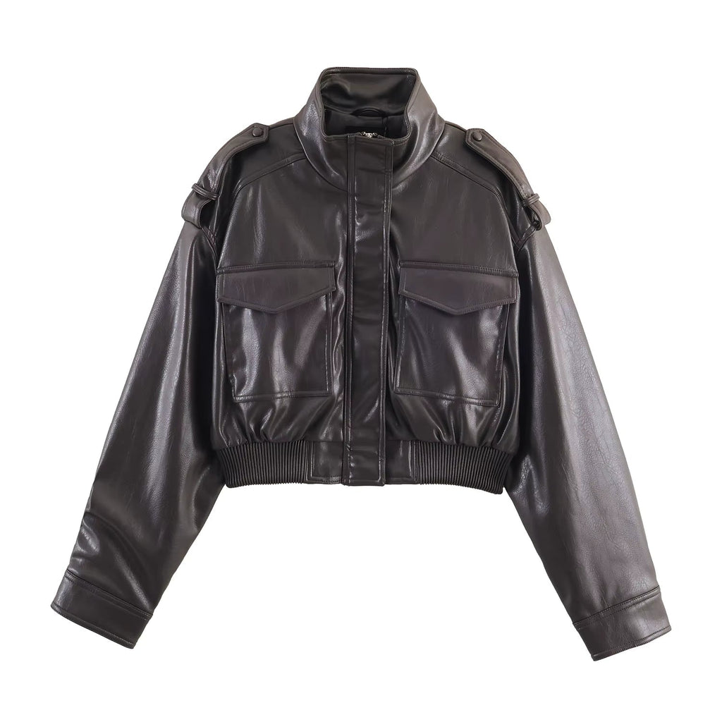 Brianna Faux Leather Bomber Jacket - Women's Fall and Winter Outerwear - Image 7