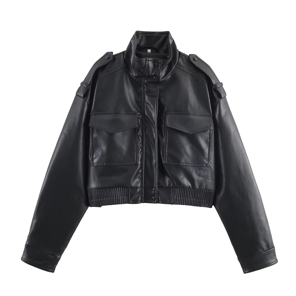 Brianna Faux Leather Bomber Jacket - Women's Fall and Winter Outerwear - Image 8