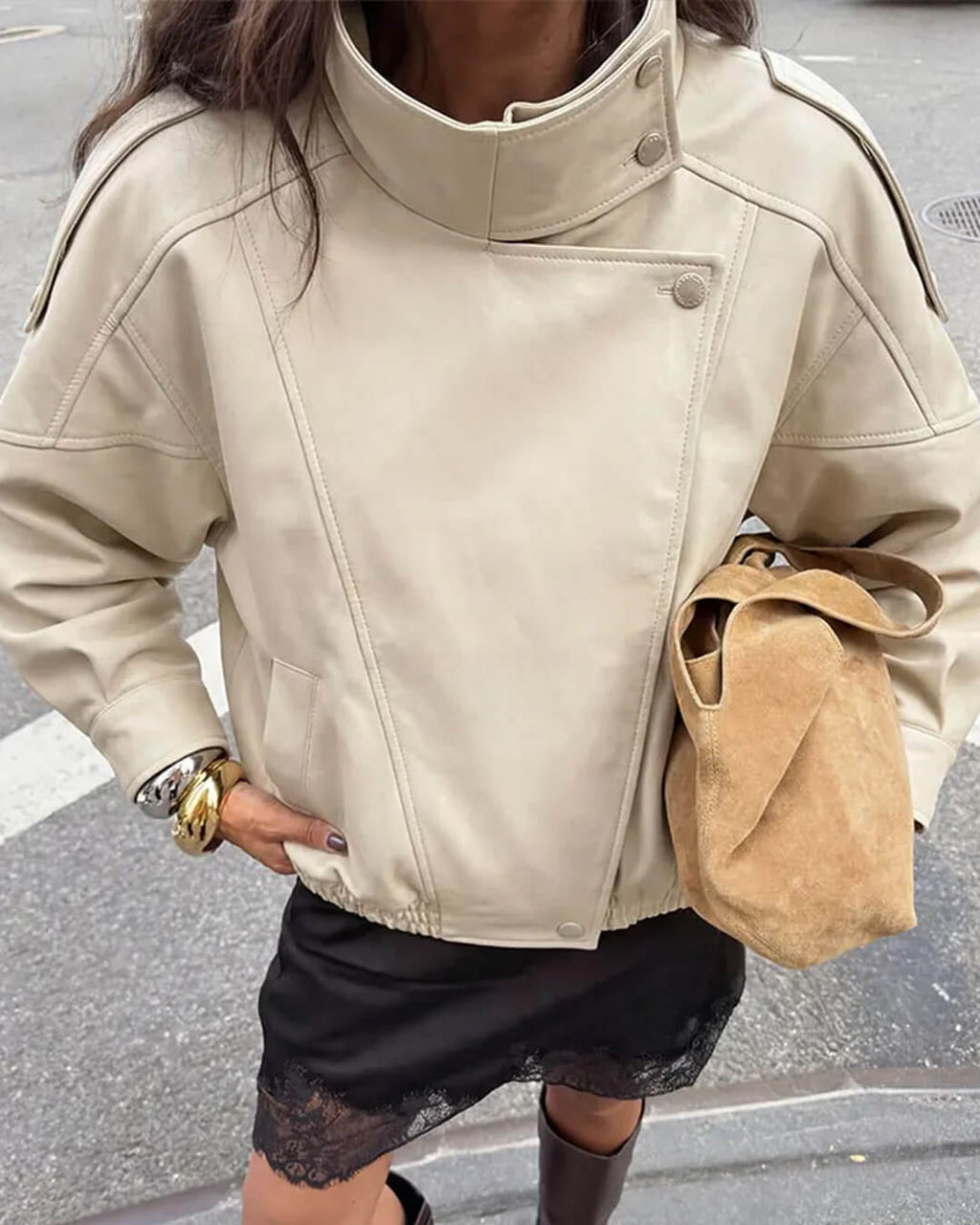 Brienne Stand Collar Faux Leather Jacket - Women's Fall and Winter Outerwear - Image 3