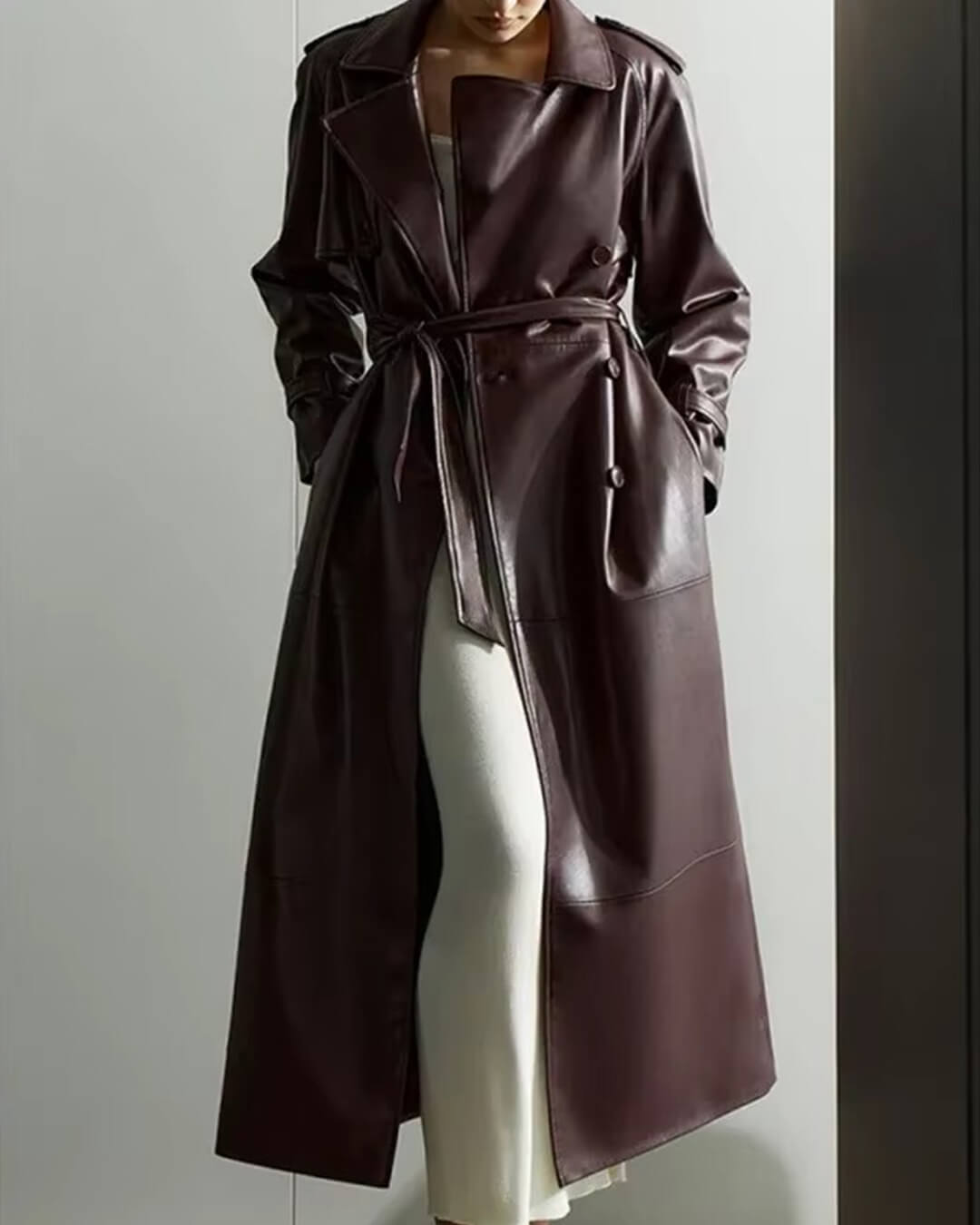 Cassy Faux Leather Maxi Trench Coat - Women's Fall and Winter Outerwear - Image 7