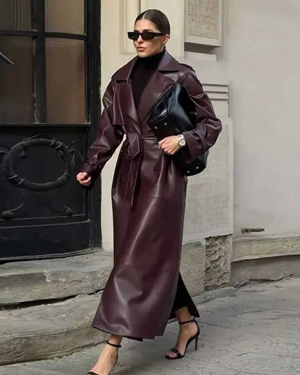 Cassy Faux Leather Maxi Trench Coat - Women's Fall and Winter Outerwear - Image 6