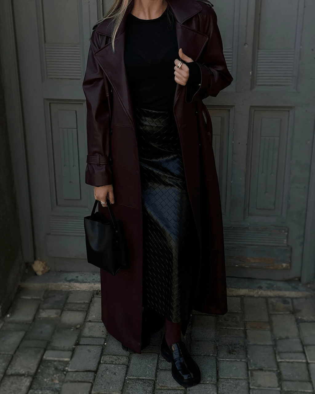 Cassy Faux Leather Maxi Trench Coat - Women's Fall and Winter Outerwear - Image 2