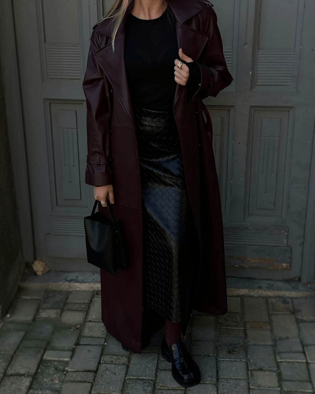 Cassy Faux Leather Maxi Trench Coat - Women's Fall and Winter Outerwear - Image 2