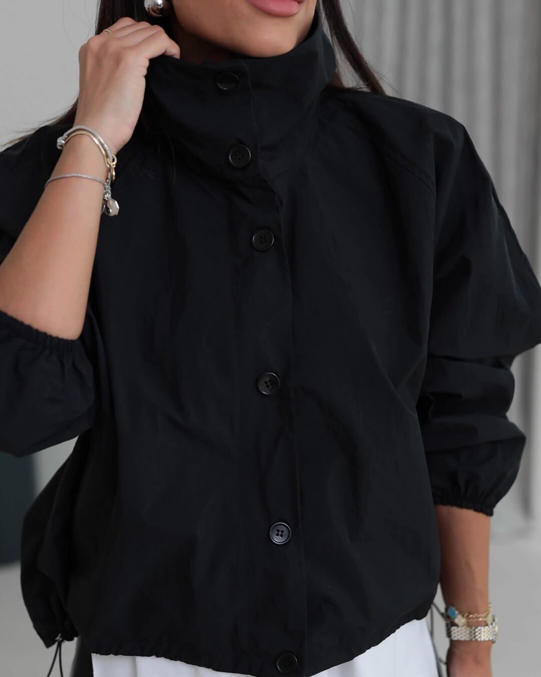 Clara Women's High-Neck Puff Sleeve Bomber Jacket - Tailored Citywear - Image 11