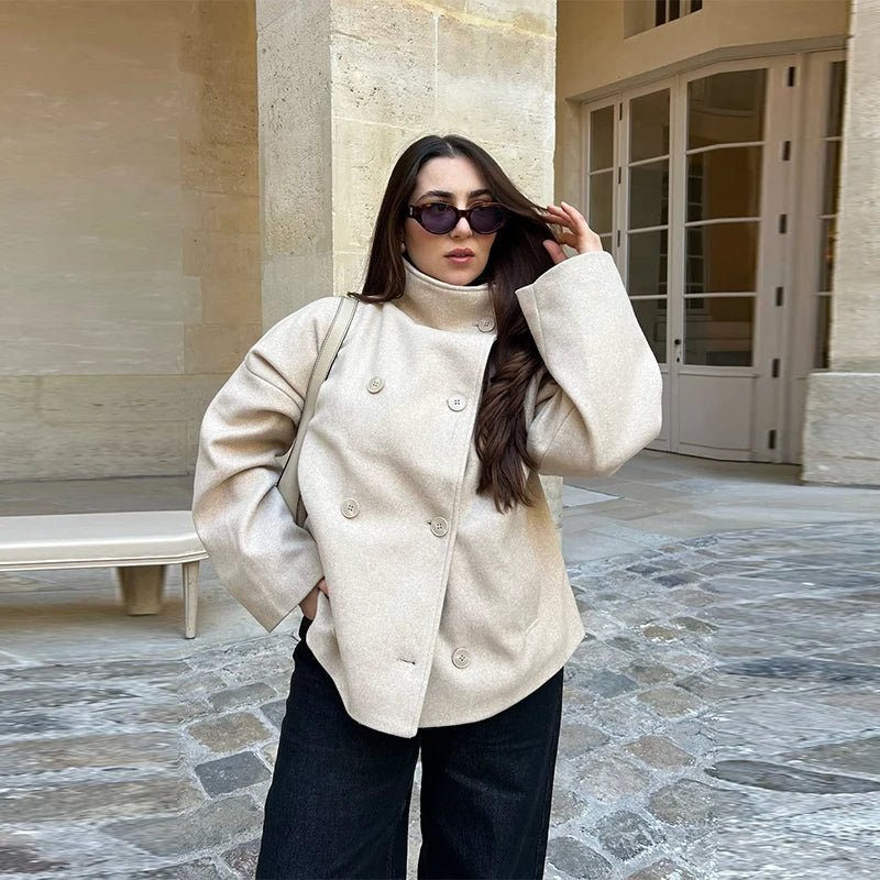 Clarissa Women's Loose Fit Woolen Coat - Stand Collar Casual Autumn Jacket - Image 3
