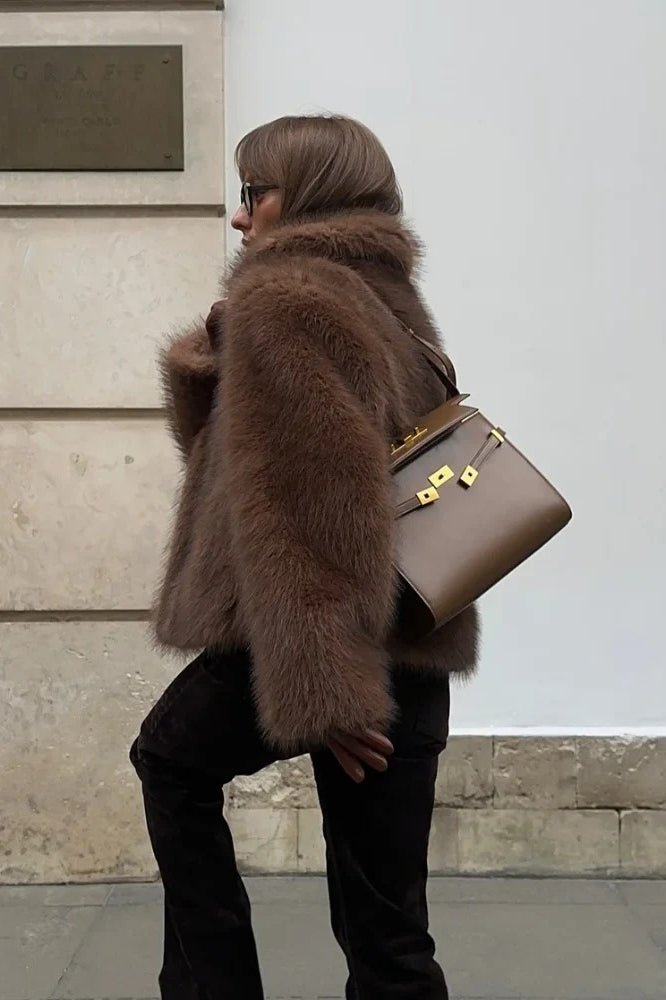 Colette Brown Faux Fur Short Coat - Cropped Jacket with Turn-Down Collar - Image 4