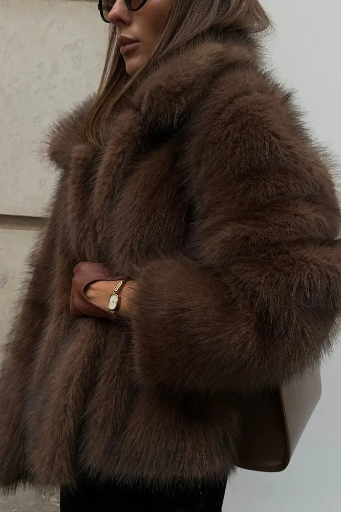 Colette Brown Faux Fur Short Coat - Cropped Jacket with Turn-Down Collar - Image 5