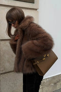 Colette Brown Faux Fur Short Coat - Cropped Jacket with Turn-Down Collar - Image 2