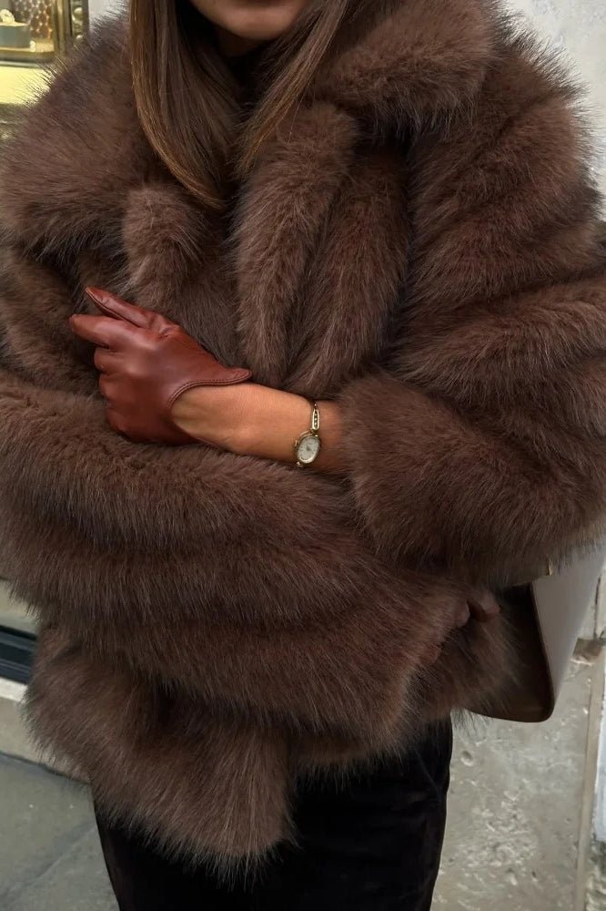 Colette Brown Faux Fur Short Coat - Cropped Jacket with Turn-Down Collar - Image 6