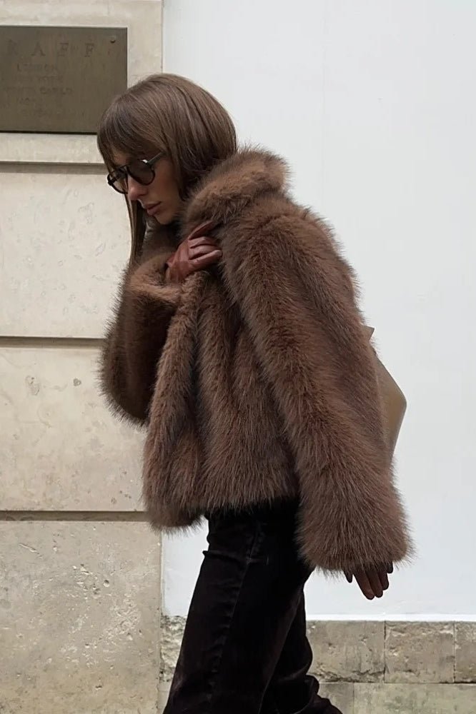 Colette Brown Faux Fur Short Coat - Cropped Jacket with Turn-Down Collar - Image 3