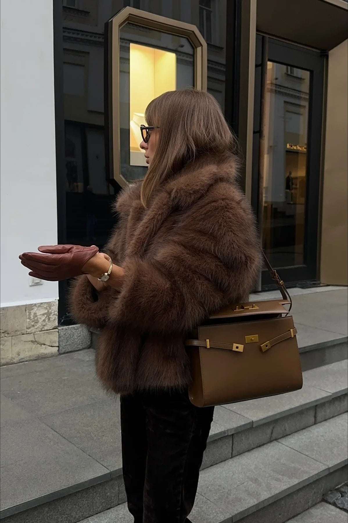 Colette Brown Faux Fur Short Coat - Cropped Jacket with Turn-Down Collar