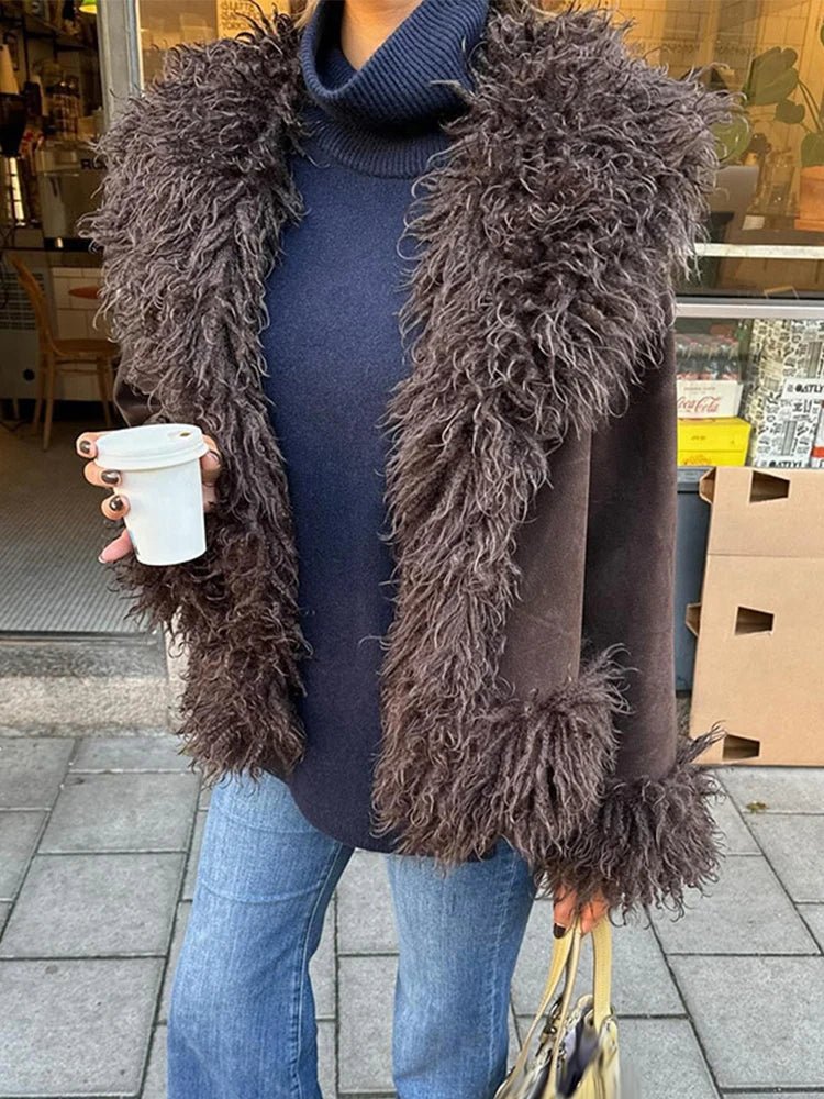 Daisy Brown Plush Faux Fur Coat - Vintage Lapel Coat - Image 3
