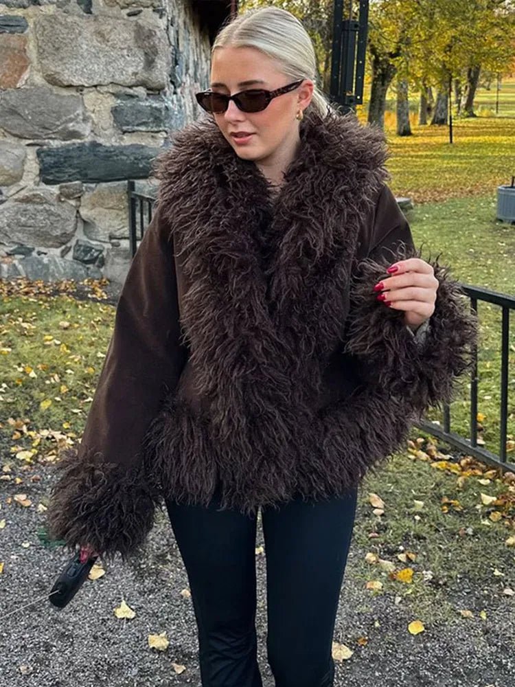 Daisy Brown Plush Faux Fur Coat - Vintage Lapel Coat - Image 4