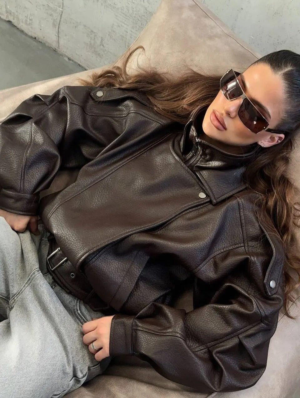 Denise Belted Leather Jacket - Women's Fall and Winter Outerwear - Image 3