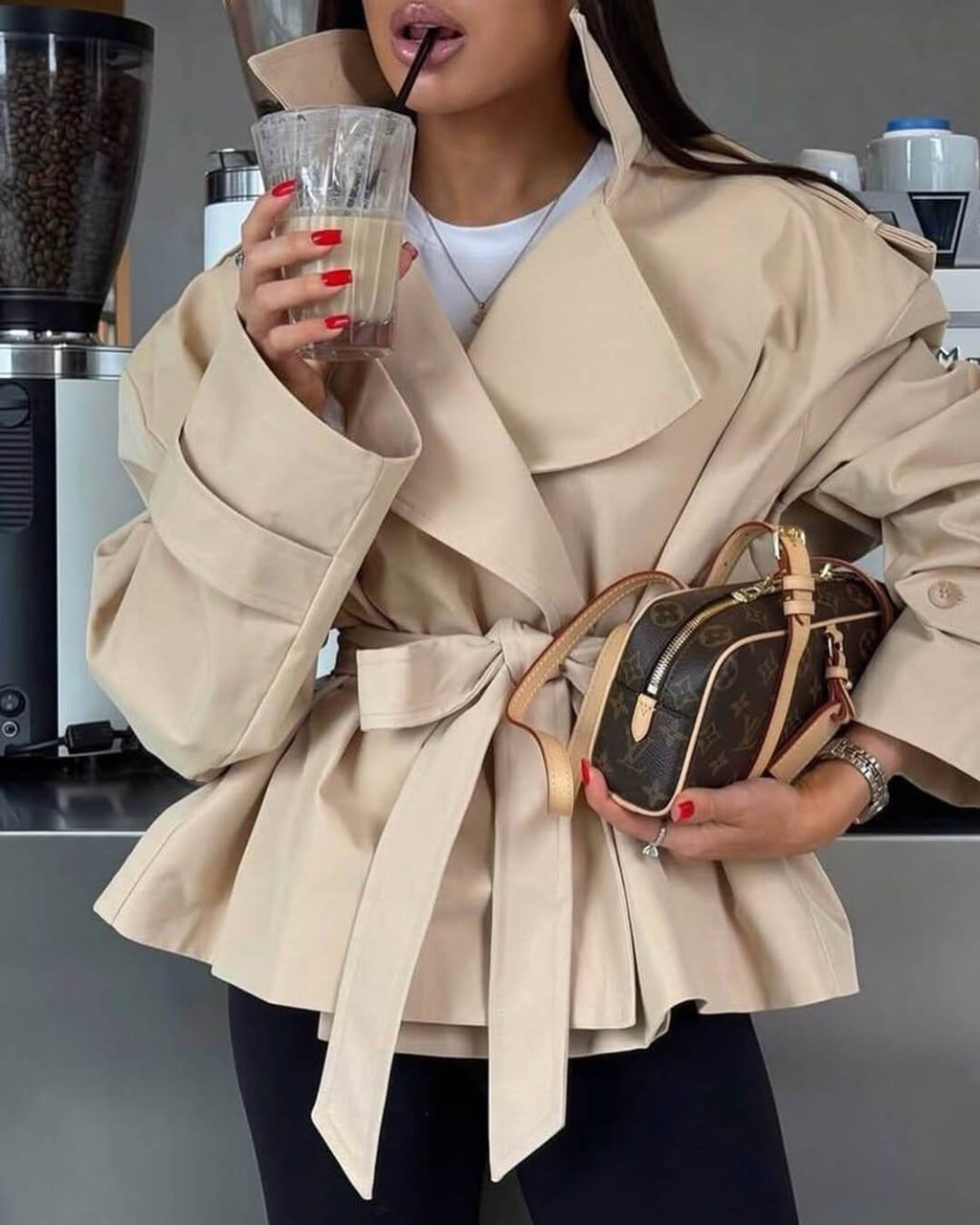 Dorothy Lace Up Short Trench Coat - Women's Fall and Winter Outerwear - Image 9