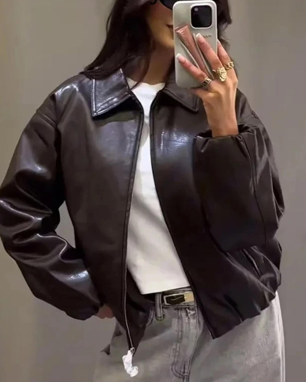 Adrila Faux Leather Jacket - Women's Fall and Winter Outerwear - Image 2