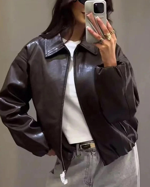 Adrila Faux Leather Jacket - Women's Fall and Winter Outerwear - Image 2