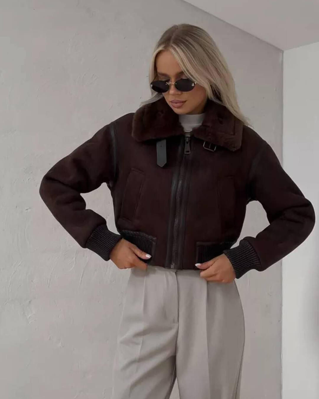 Esme Suede Short Bomber Jacket - Women's Fall and Winter Outerwear - Image 3