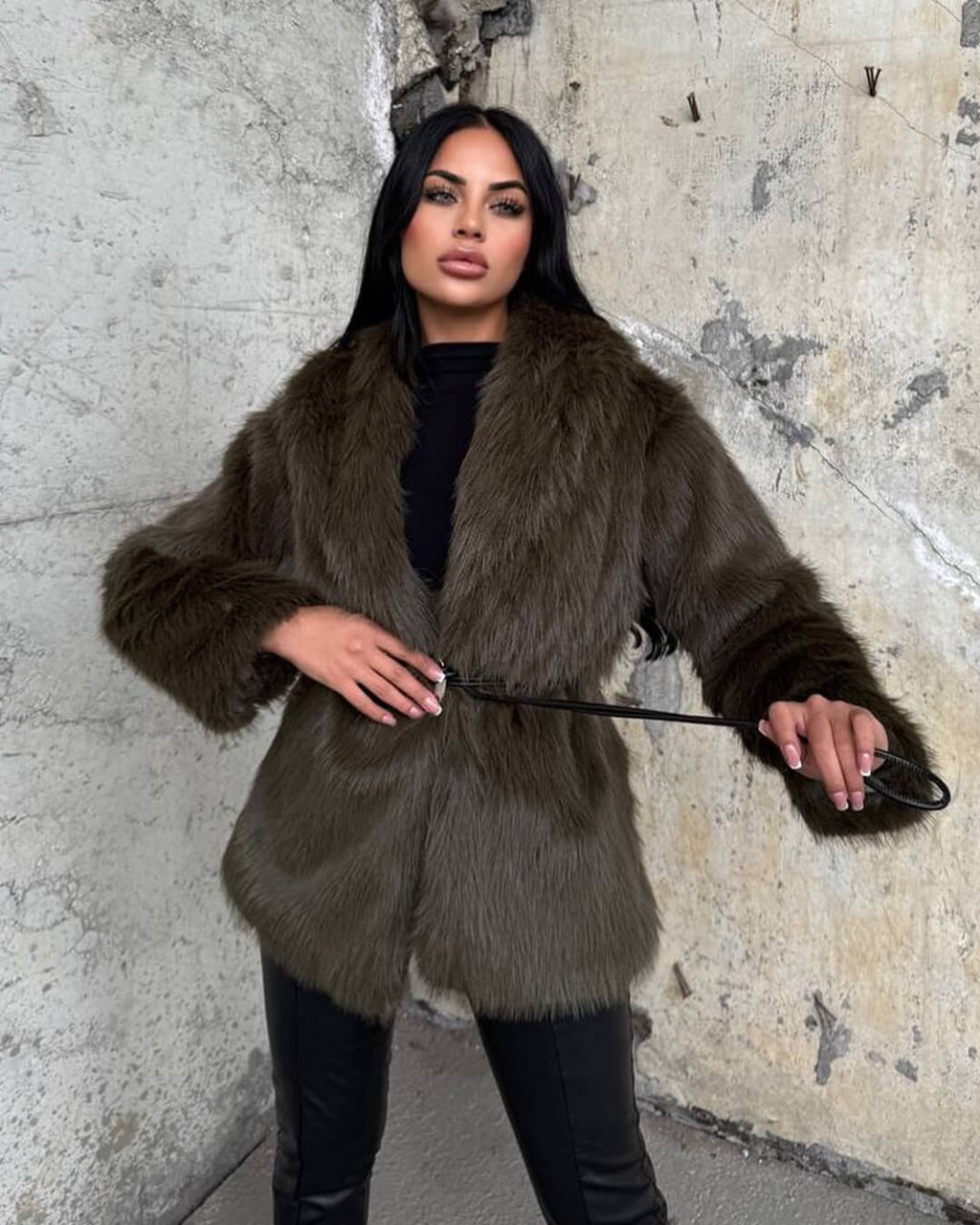 Faith Faux Fur Coat with Belt - Women's Fall and Winter Outerwear - Image 2