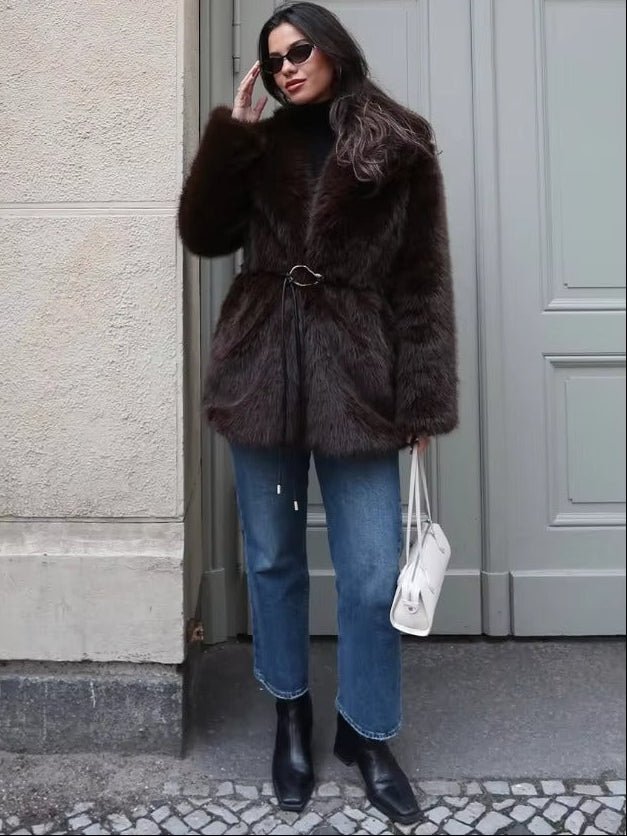 Faith Faux Fur Coat with Belt - Women's Fall and Winter Outerwear - Image 5