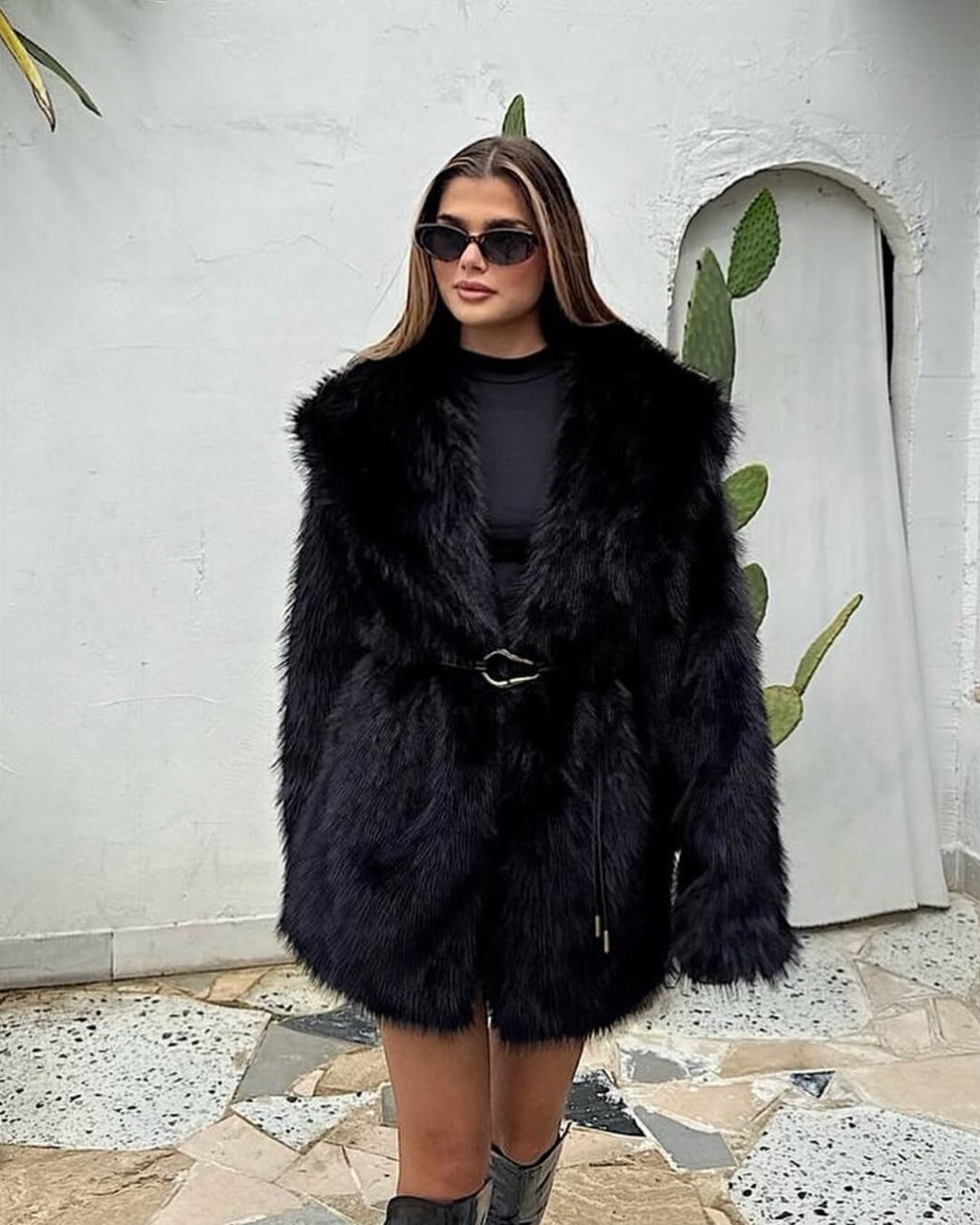 Faith Faux Fur Coat with Belt - Women's Fall and Winter Outerwear - Image 10