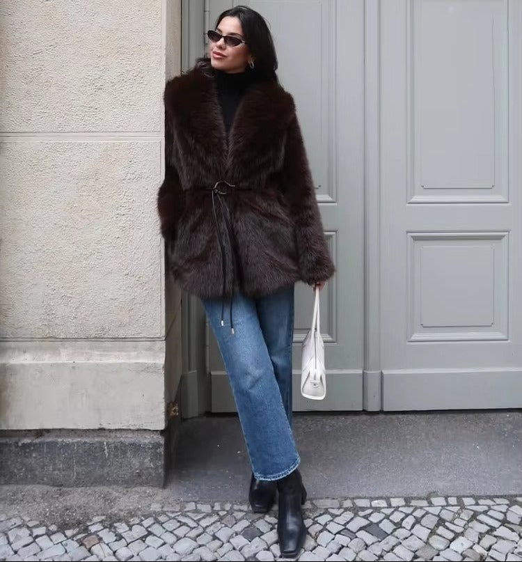 Faith Faux Fur Coat with Belt - Women's Fall and Winter Outerwear - Image 6
