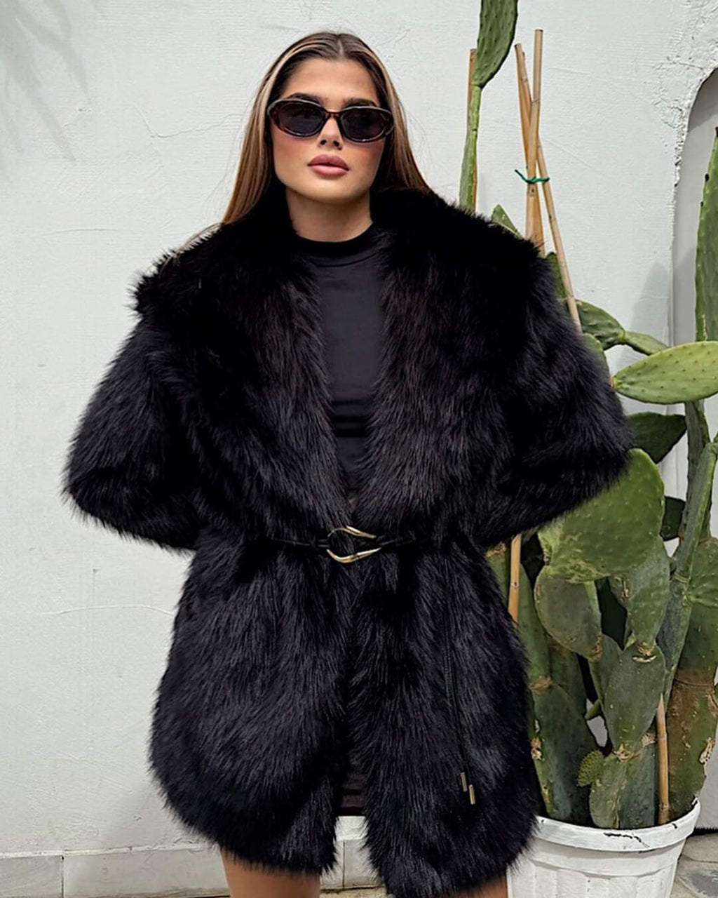 Faith Faux Fur Coat with Belt - Women's Fall and Winter Outerwear - Image 9