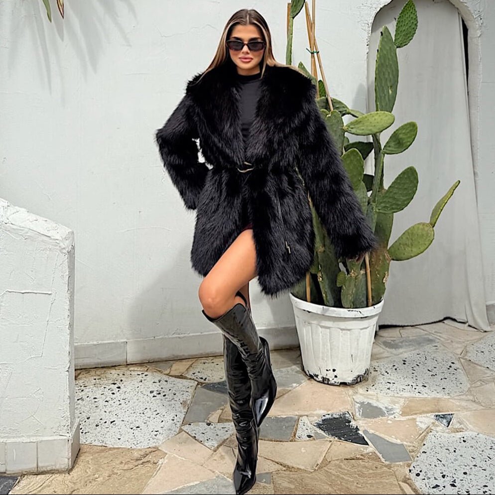 Faith Faux Fur Coat with Belt - Women's Fall and Winter Outerwear - Image 11