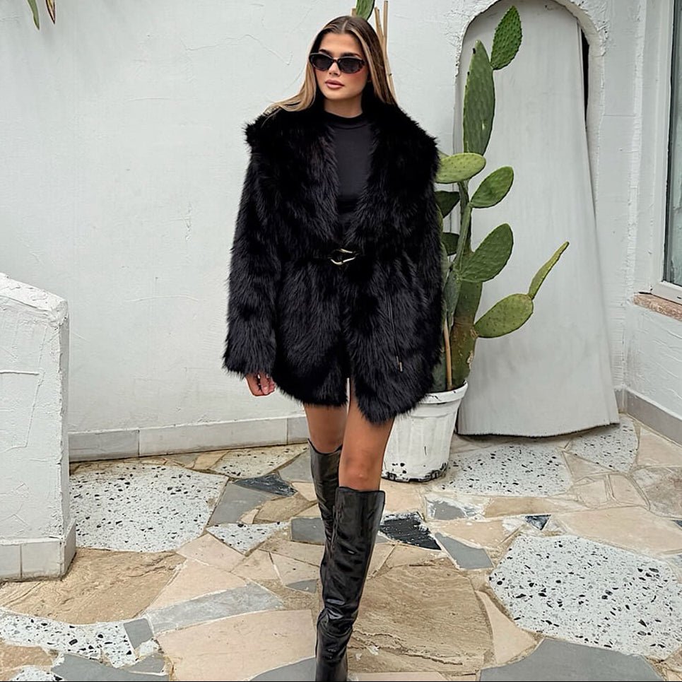 Faith Faux Fur Coat with Belt - Women's Fall and Winter Outerwear - Image 12