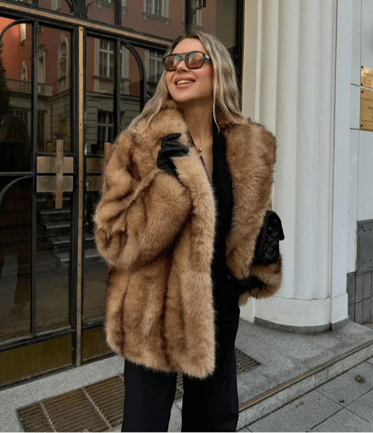 Fiona Brown Faux Fur Coat - Soft Wide-Waisted Jacket with Turn-Down Collar