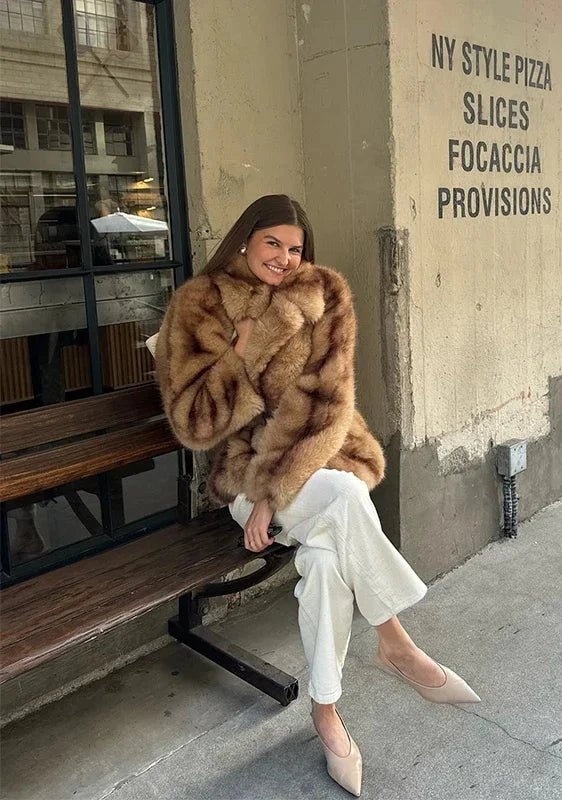 Fiona Brown Faux Fur Coat - Soft Wide-Waisted Jacket with Turn-Down Collar - Image 7