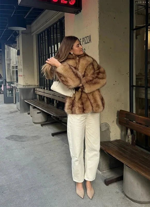 Fiona Brown Faux Fur Coat - Soft Wide-Waisted Jacket with Turn-Down Collar - Image 6