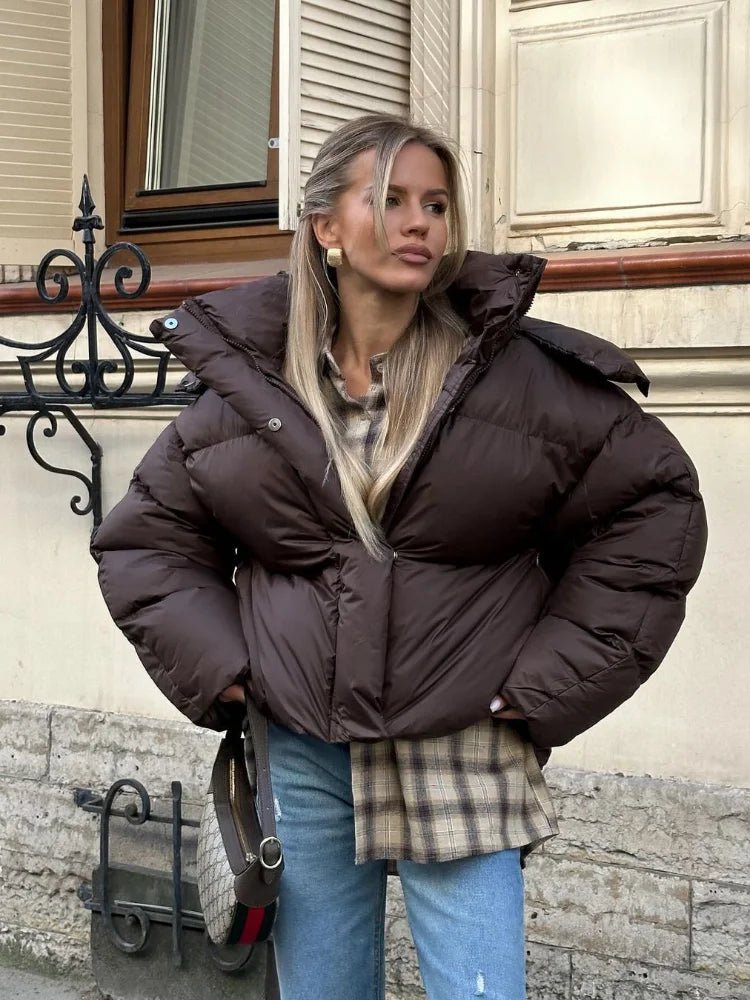 Gaia Women's Brown Hooded Puffer Jacket - Short Casual Winter Coat