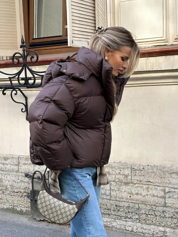 Gaia Women's Brown Hooded Puffer Jacket - Short Casual Winter Coat - Image 2