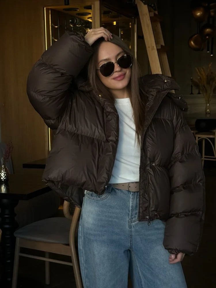 Gaia Women's Brown Hooded Puffer Jacket - Short Casual Winter Coat - Image 3