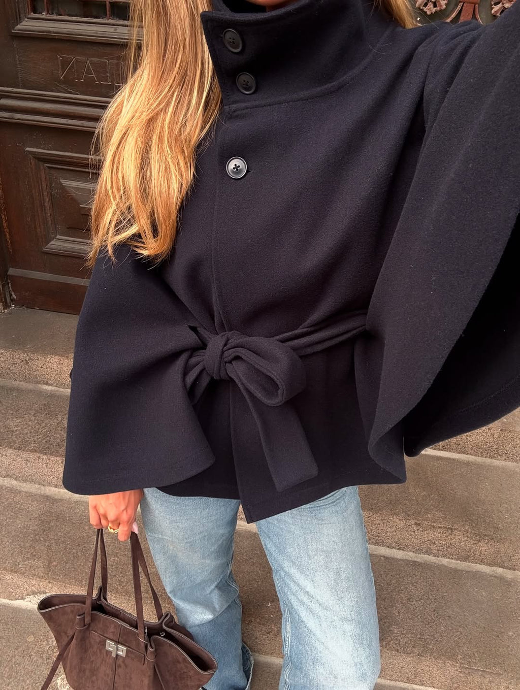 Arianne High Neck Belted Cape Jacket - Elegant High Collar Coat - Image 2