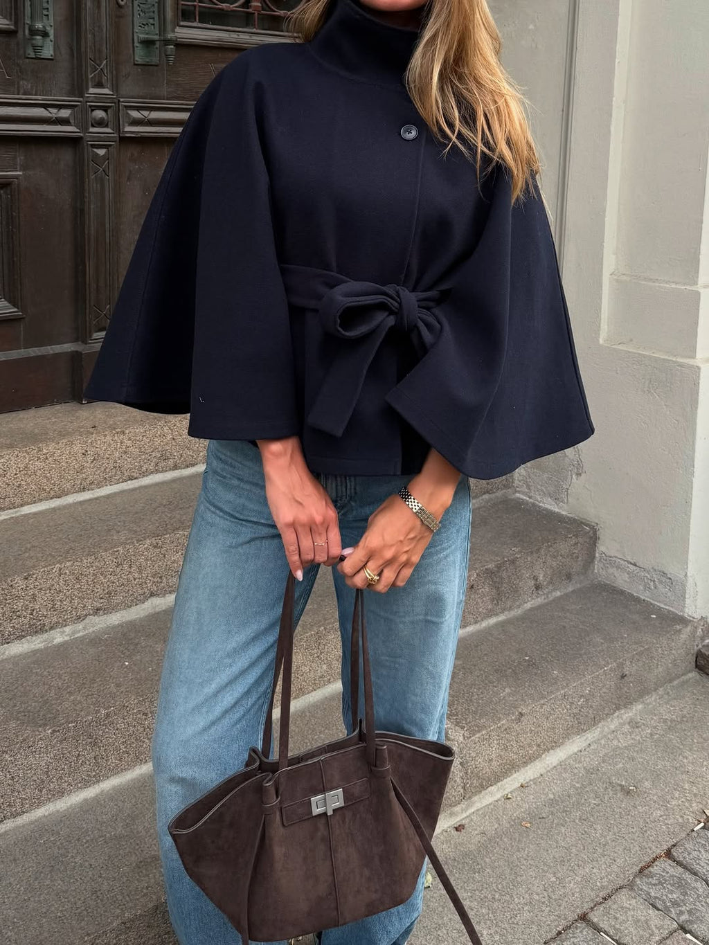 Arianne High Neck Belted Cape Jacket - Elegant High Collar Coat
