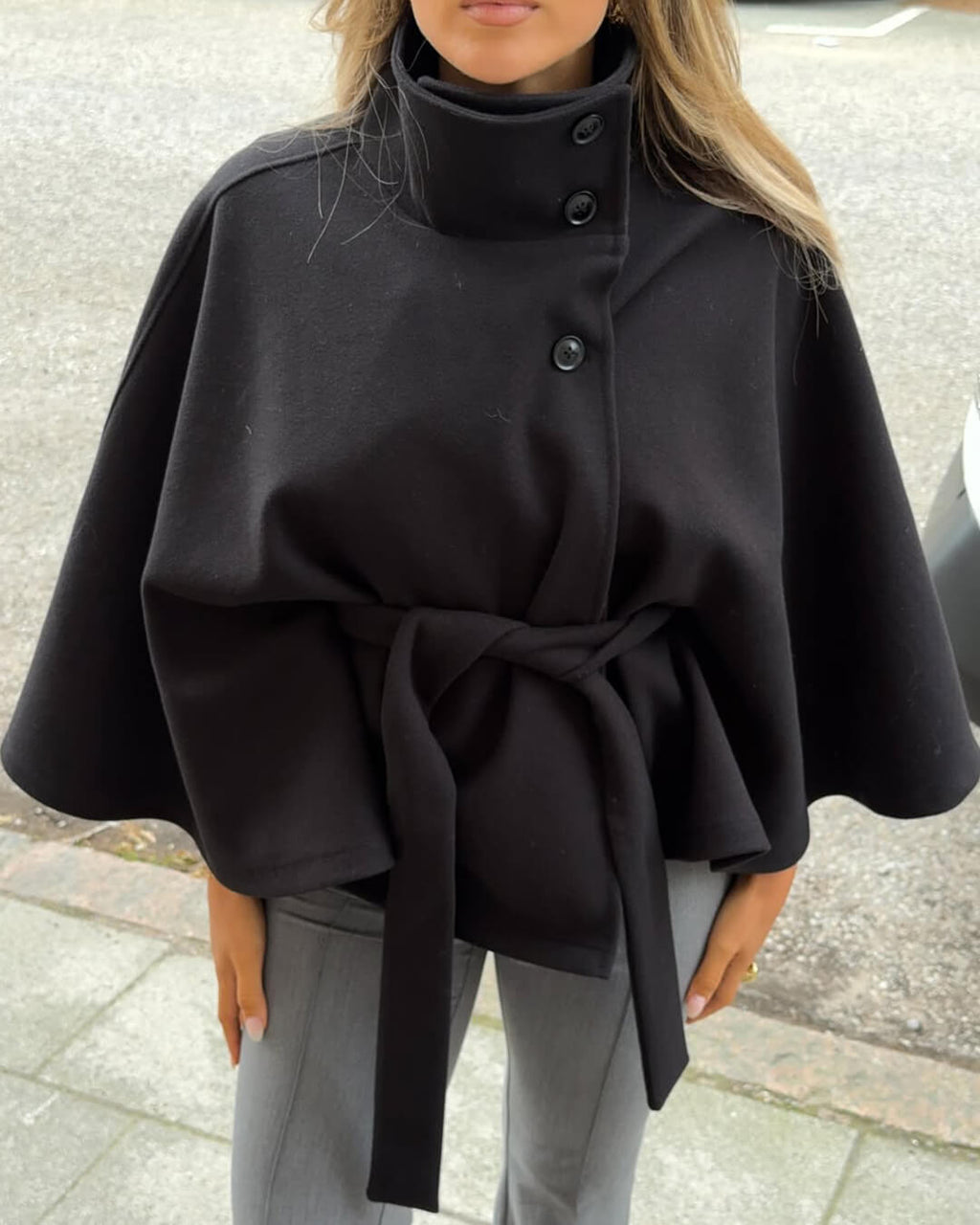 Arianne High Neck Belted Cape Jacket - Elegant High Collar Coat - Image 5