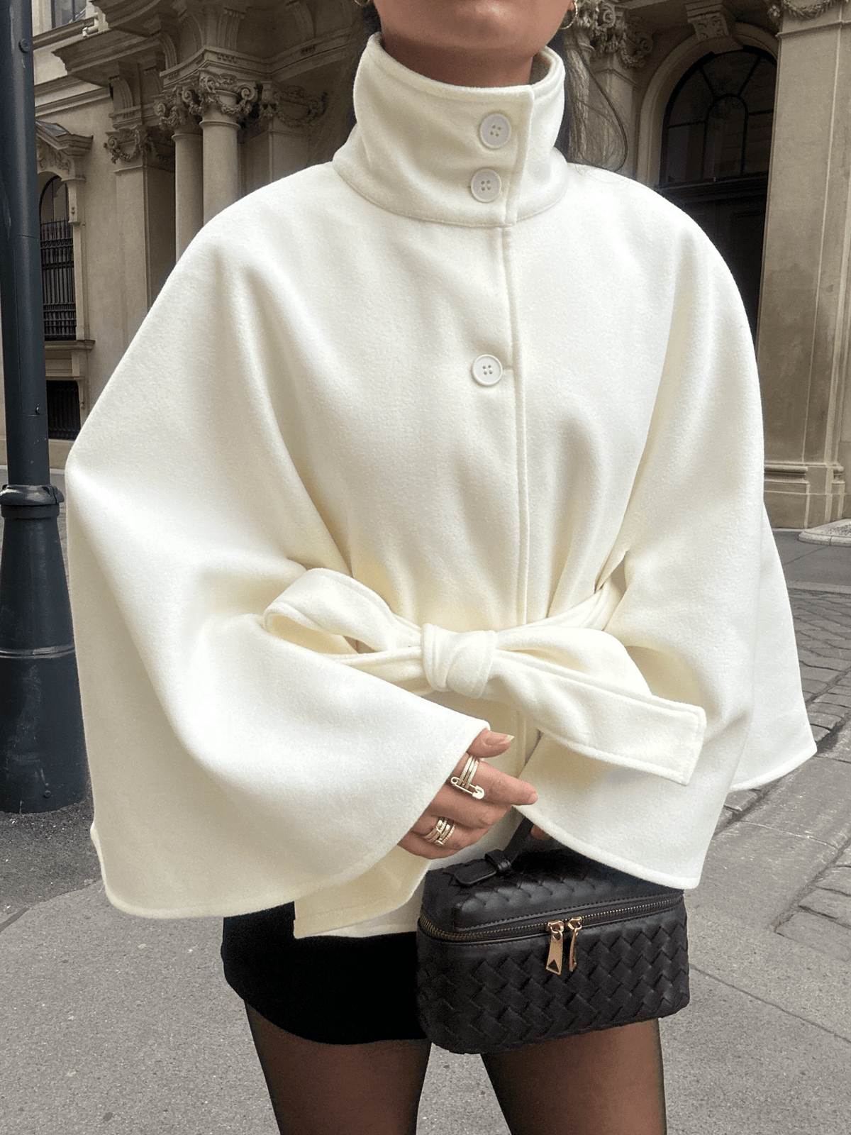 Arianne High Neck Belted Cape Jacket - Elegant High Collar Coat - Image 9