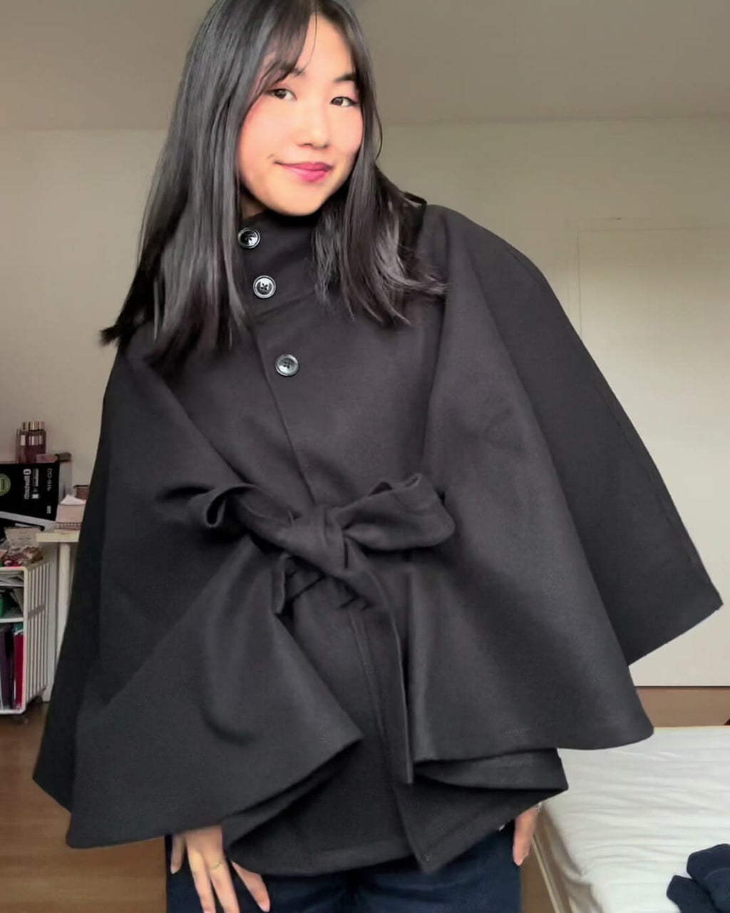 Arianne High Neck Belted Cape Jacket - Elegant High Collar Coat - Image 6