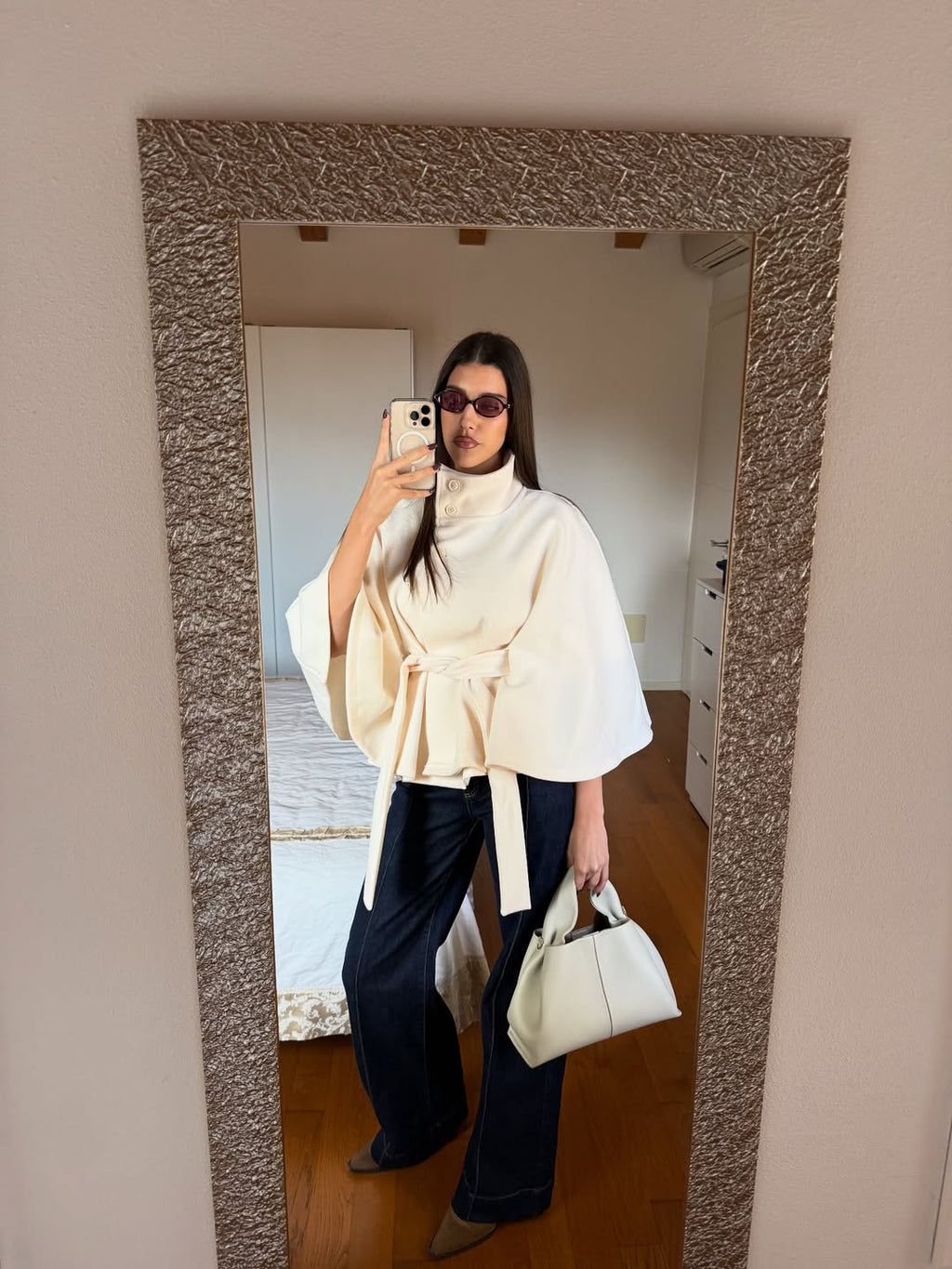 Arianne High Neck Belted Cape Jacket - Elegant High Collar Coat - Image 7