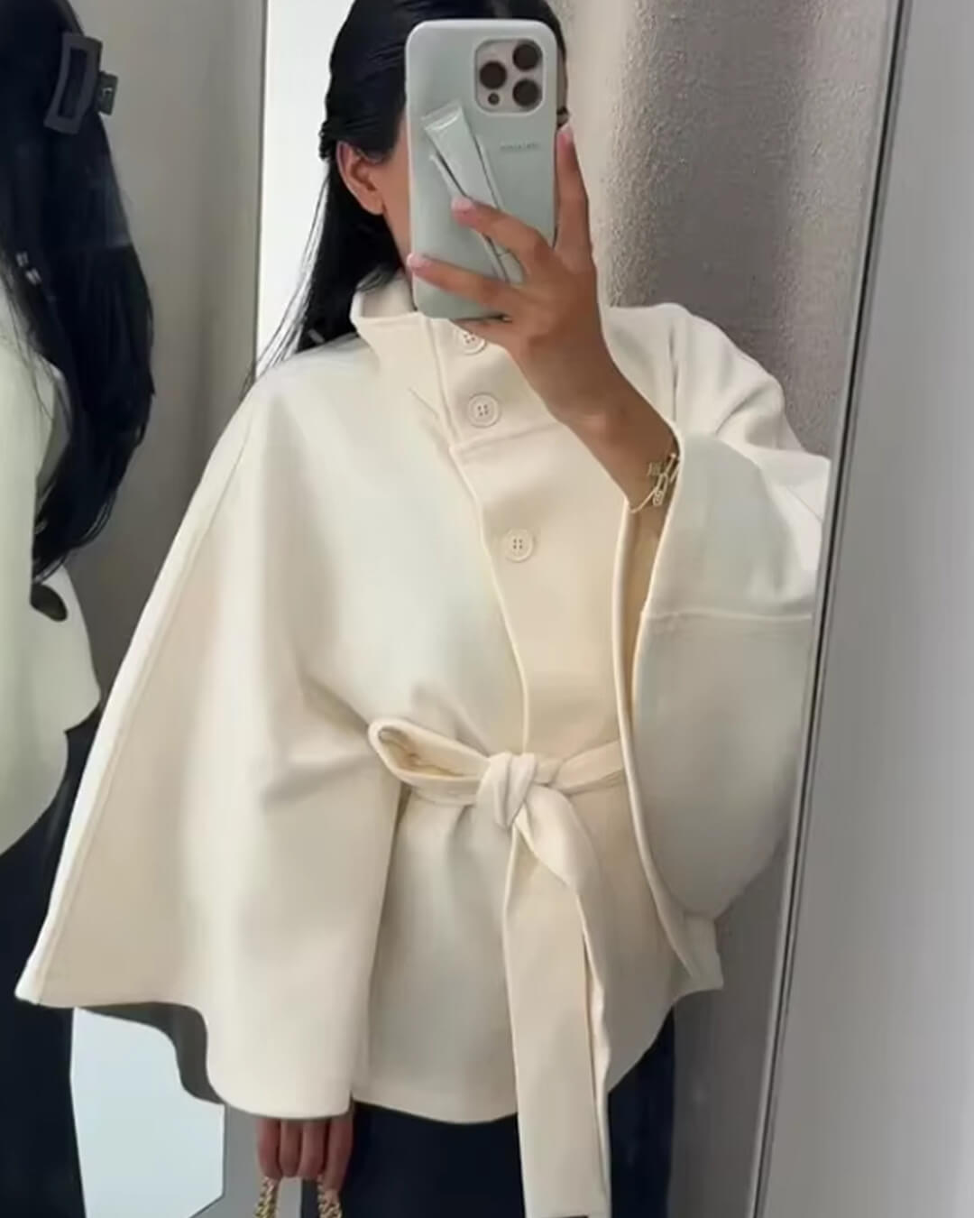 Arianne High Neck Belted Cape Jacket - Elegant High Collar Coat - Image 8