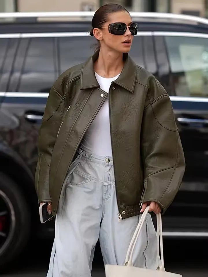Gina Faux Leather Bomber Jacket - Women's Fall and Winter Outerwear - Image 2
