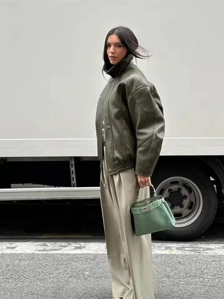 Gina Faux Leather Bomber Jacket - Women's Fall and Winter Outerwear - Image 7