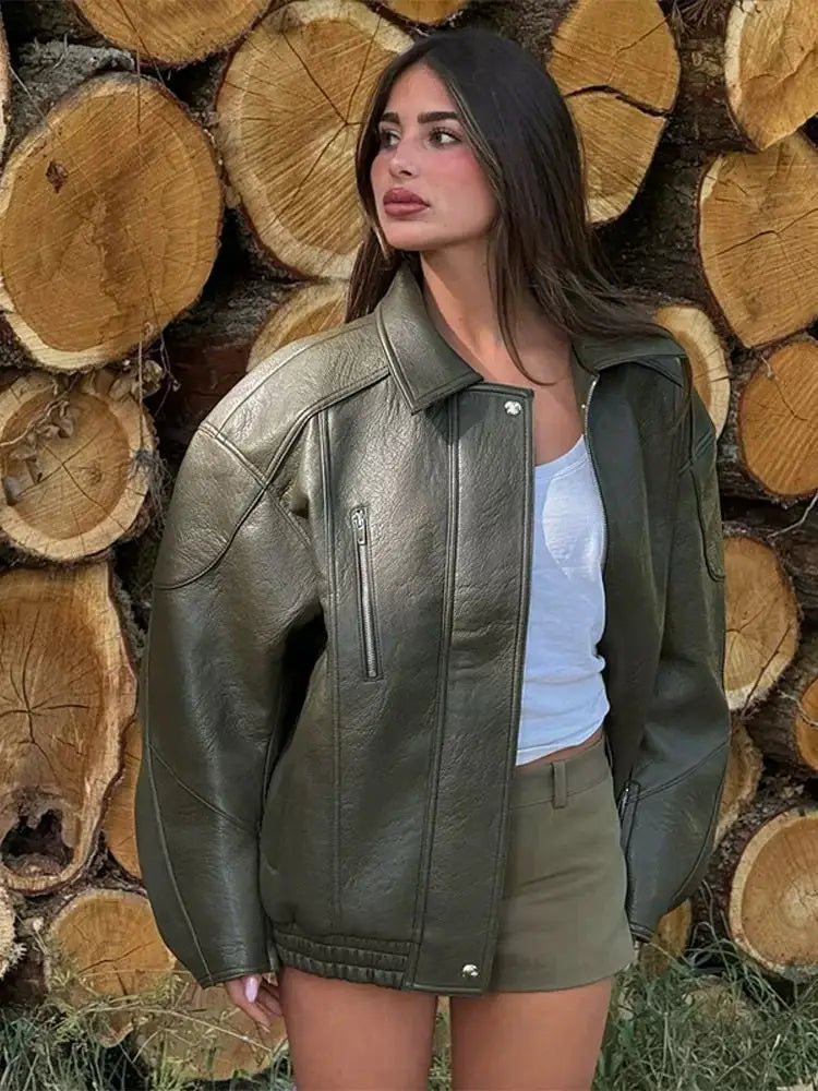 Gina Faux Leather Bomber Jacket - Women's Fall and Winter Outerwear - Image 3