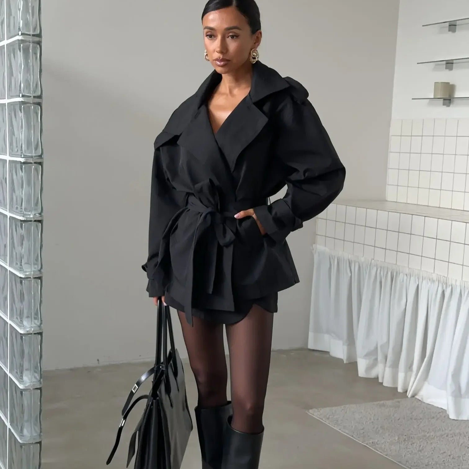 Hailey Crop Trench Coat - Women's Fall and Winter Outerwear - Image 10
