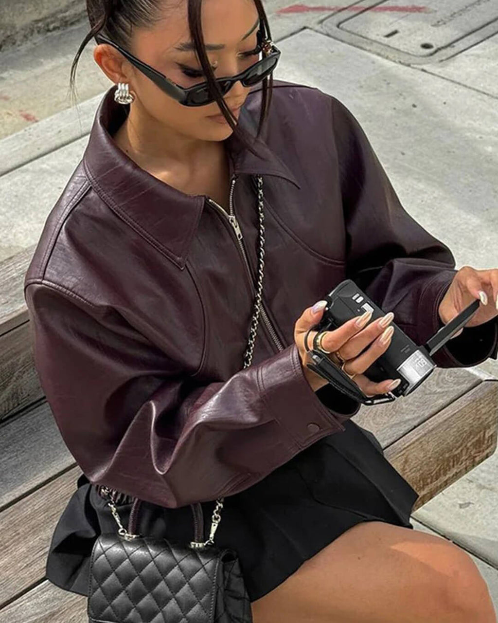 Harper Faux Leather Bomber Jacket - Women's Fall and Winter Outerwear - Image 3