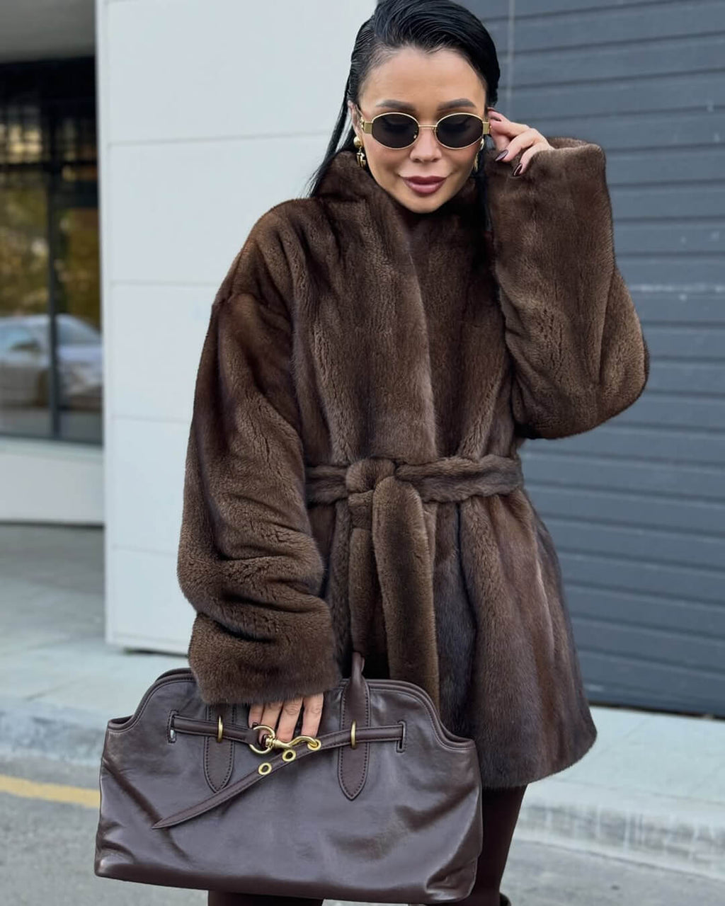 Hazel Women's Belted Faux Fur Jacket - Loose Fit Winter Coat