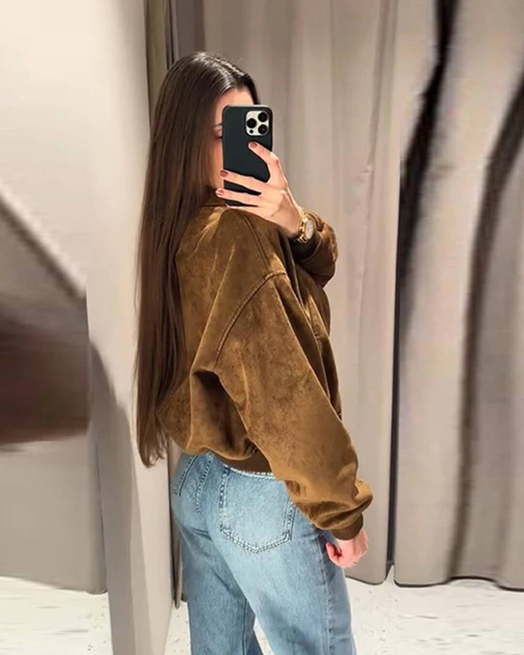 Heather Faux Suede Jacket - Women's Fall and Winter Outerwear - Image 9