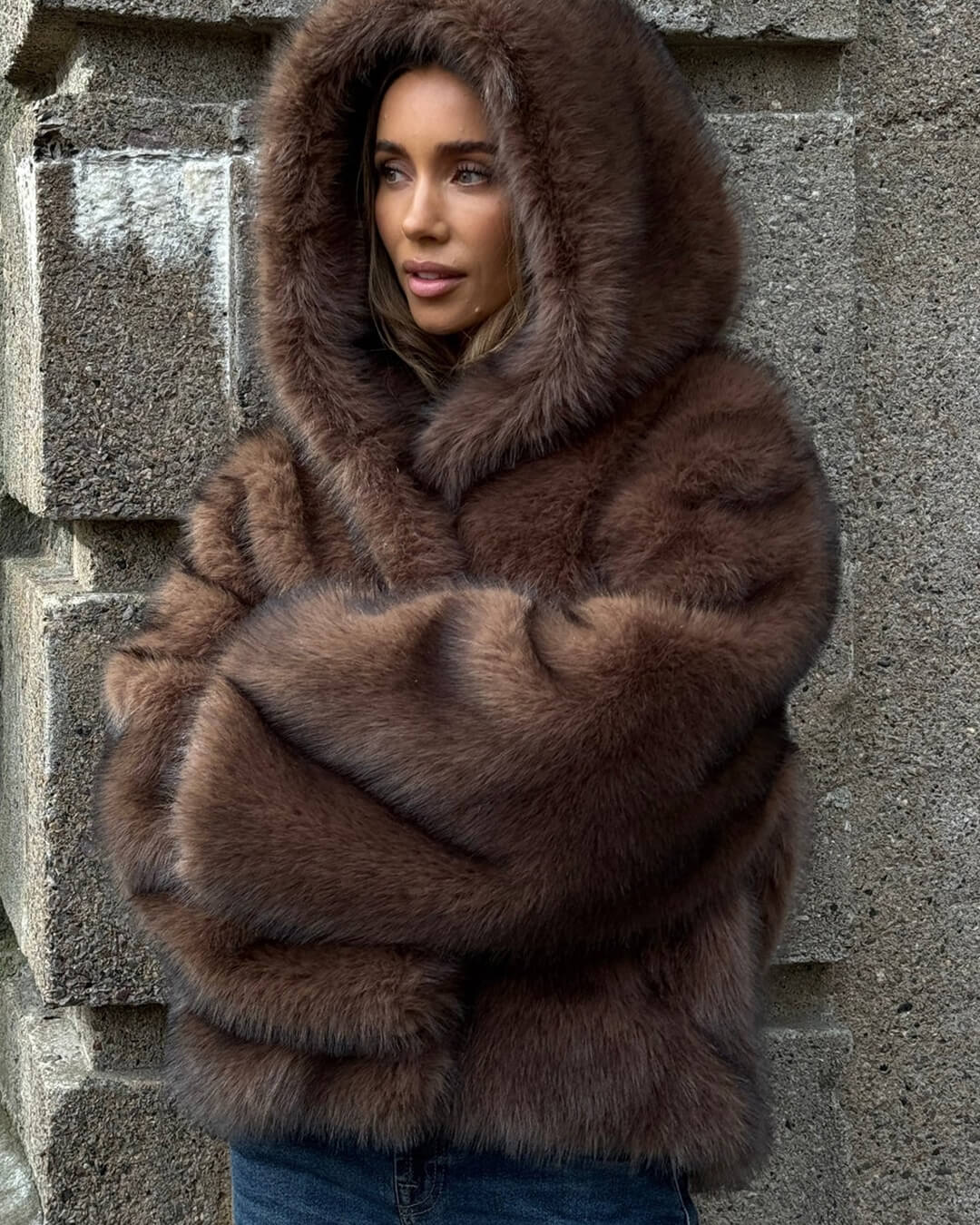 Ivy Faux Fur Hooded Short Coat - Women's Fall and Winter Outerwear - Image 2